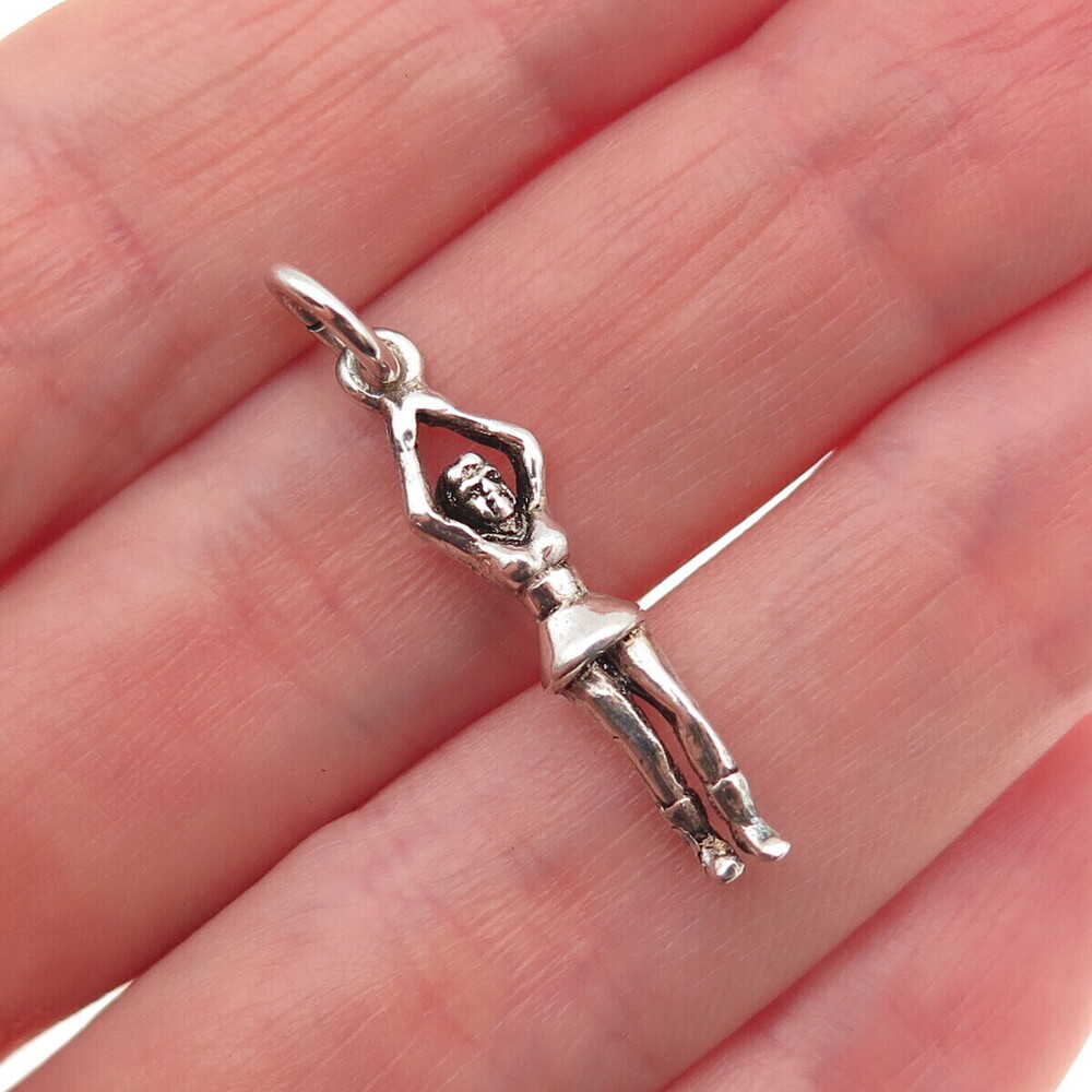 925 Sterling Silver Vintage Cheerleader Oxidized 3D Charm Pendant